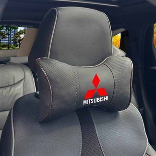 Купить Подушка на подголовник с логотипом Mitsubishi Экокожа 3D Цветной лого Черная-Коричневый кант 1 шт 91661 Подушки на подголовник - под шею