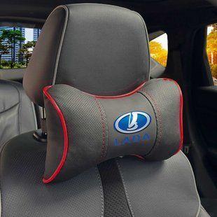 Купить Подушка на подголовник с логотипом Lada Экокожа 3D Цветной лого Черная-Красный кант 1 шт 91689 Подушки на подголовник - под шею
