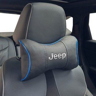 Купить Подушка на подголовник с логотипом Jeep Экокожа 3D Цветной лого Черные-Синий кант 1 шт 91600 Подушки на подголовник - под шею