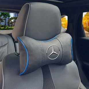 Купить Подушка на подголовник с логотипом Mercedes-Benz Экокожа 3D Цветной лого Черные-Синий кант 1 шт 91571 Подушки на подголовник - под шею