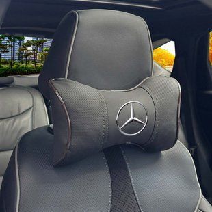Купить Подушка на подголовник с логотипом Mercedes-Benz Экокожа 3D Цветной лого Черные-Коричневый кант 1 шт 91574 Подушки на подголовник - под шею