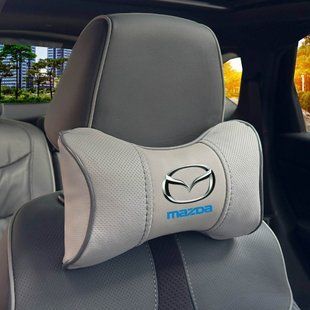 Купити Подушка на підголівник з логотипом Mazda Екошкіра 3D Кольоровий лого Сірі-Сірий кант 1 шт 91651 Подушки на підголовник - під шию