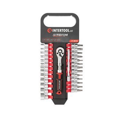 Купить Набор головок 1/4" 4-14 мм., TORX, PH, HEX, SL, удлинитель, рукоятка с храповым механизмом 72 зуба, 28 ед., CrV STORM INTERTOOL ET-8018 77822 Торцевые головки, шестигранники и звезды