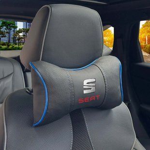 Купить Подушка на подголовник с логотипом Seat Экокожа 3D Цветной лого Черная-Синий кант 1 шт 91630 Подушки на подголовник - под шею