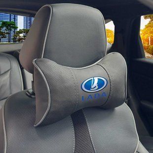 Купить Подушка на подголовник с логотипом Lada Экокожа 3D Цветной лого Черная-Серый кант 1 шт 91687 Подушки на подголовник - под шею