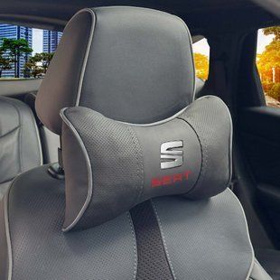 Купить Подушка на подголовник с логотипом Seat Экокожа 3D Цветной лого Черная-Серый кант 1 шт 91631 Подушки на подголовник - под шею