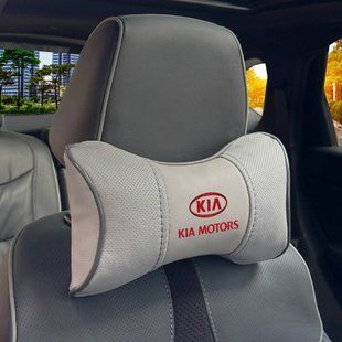 Купить Подушка на подголовник с логотипом Kia Экокожа 3D Цветной лого Серые-Серый кант 1 шт 91691 Подушки на подголовник - под шею