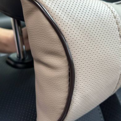 Купити Подушка на підголівник з логотипом Peugeot Екошкіра 3D Кольоровий лого Бежева-Коричневий кант 1 шт 91636 Подушки на підголовник - під шию