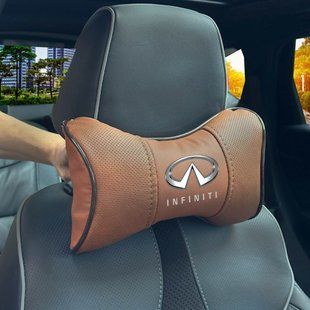 Купить Подушка на подголовник с логотипом Infiniti Экокожа 3D Цветной лого Коричневые-Коричневый кант 1 шт 91698 Подушки на подголовник - под шею