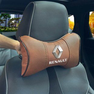 Купить Подушка на подголовник с логотипом Renault Экокожа 3D Цветной лого Коричневая-Коричневый кант 1 шт 91591 Подушки на подголовник - под шею