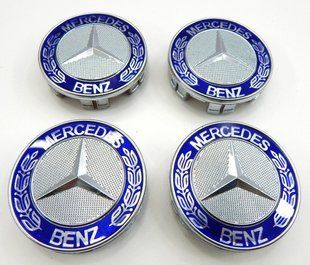 Купити Емблеми коліс Mercedes (Хром + Сині) 75 мм (4 шт) 90063 Ковпачки на титани
