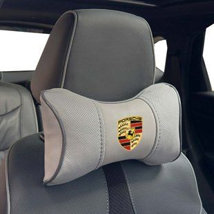 Купити Подушка на підголівник з логотипом Porsche Екошкіра 3D Кольоровий лого Сірі-Сірий кант 1 шт 91771 Подушки на підголовник - під шию